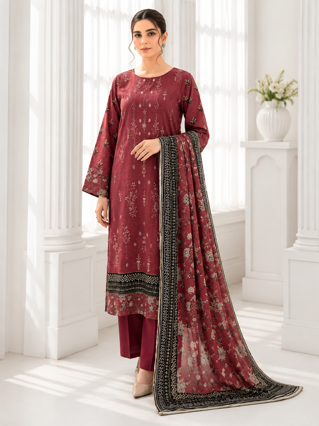Maroon Floral Embroidered 3-Piece Suit