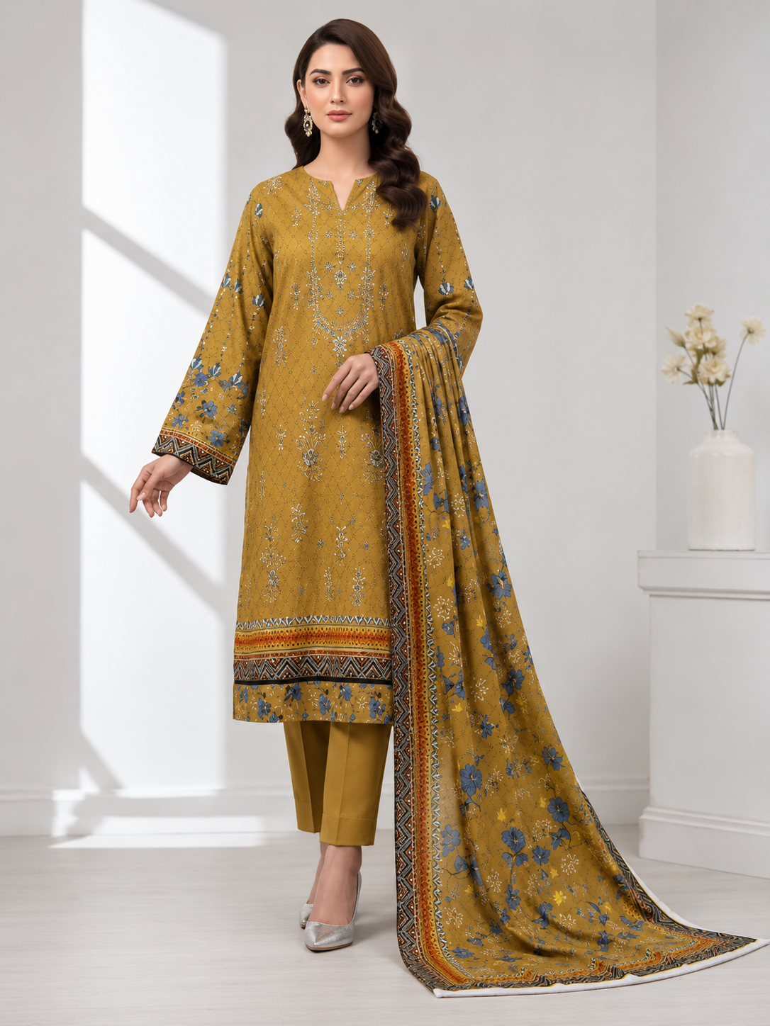 AYAAN COUTURE – Mustard Blue Floral Embroidered 3-Piece Suit