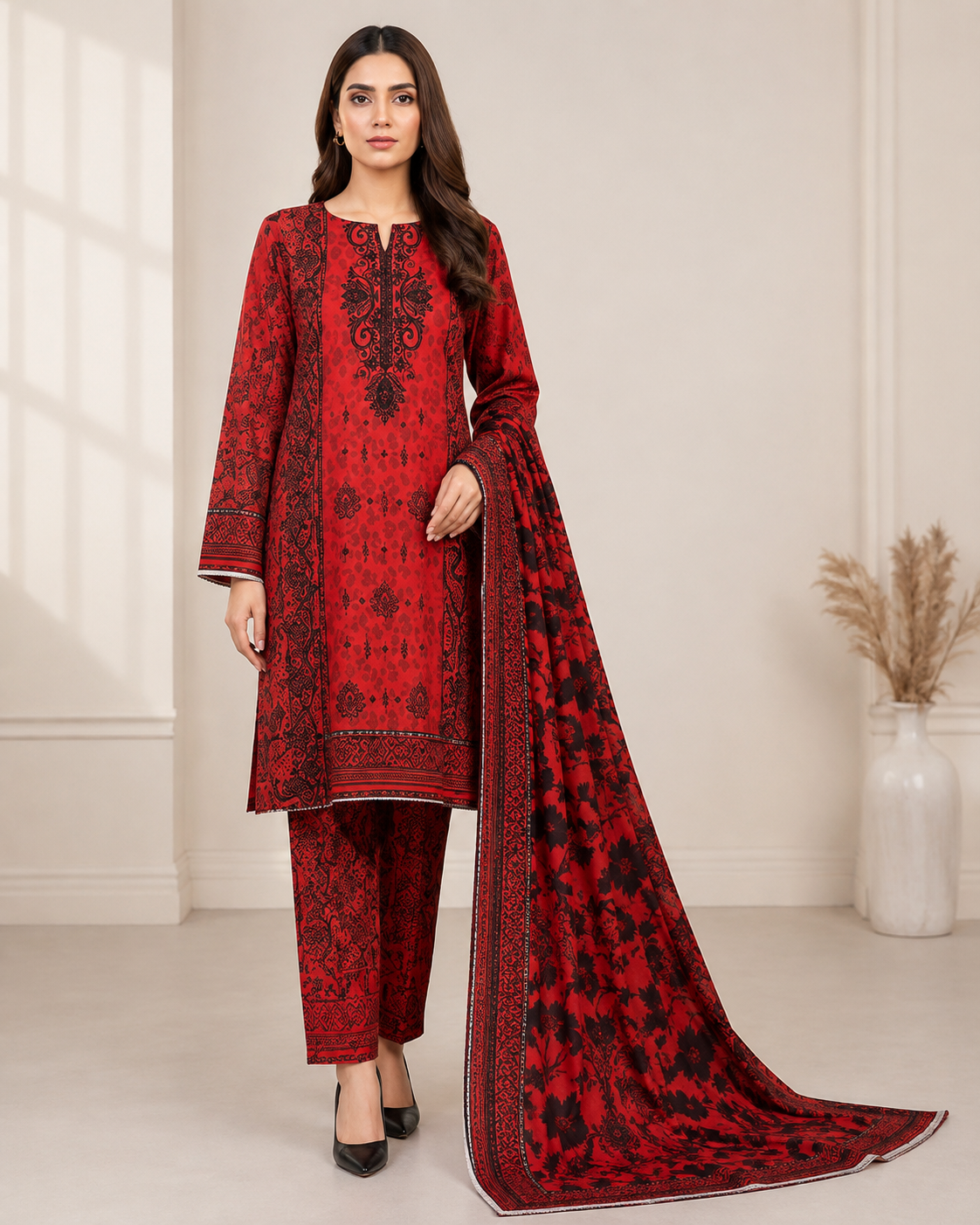 AYAAN COUTURE – Ruby Red & Black Printed 3-Piece Suit