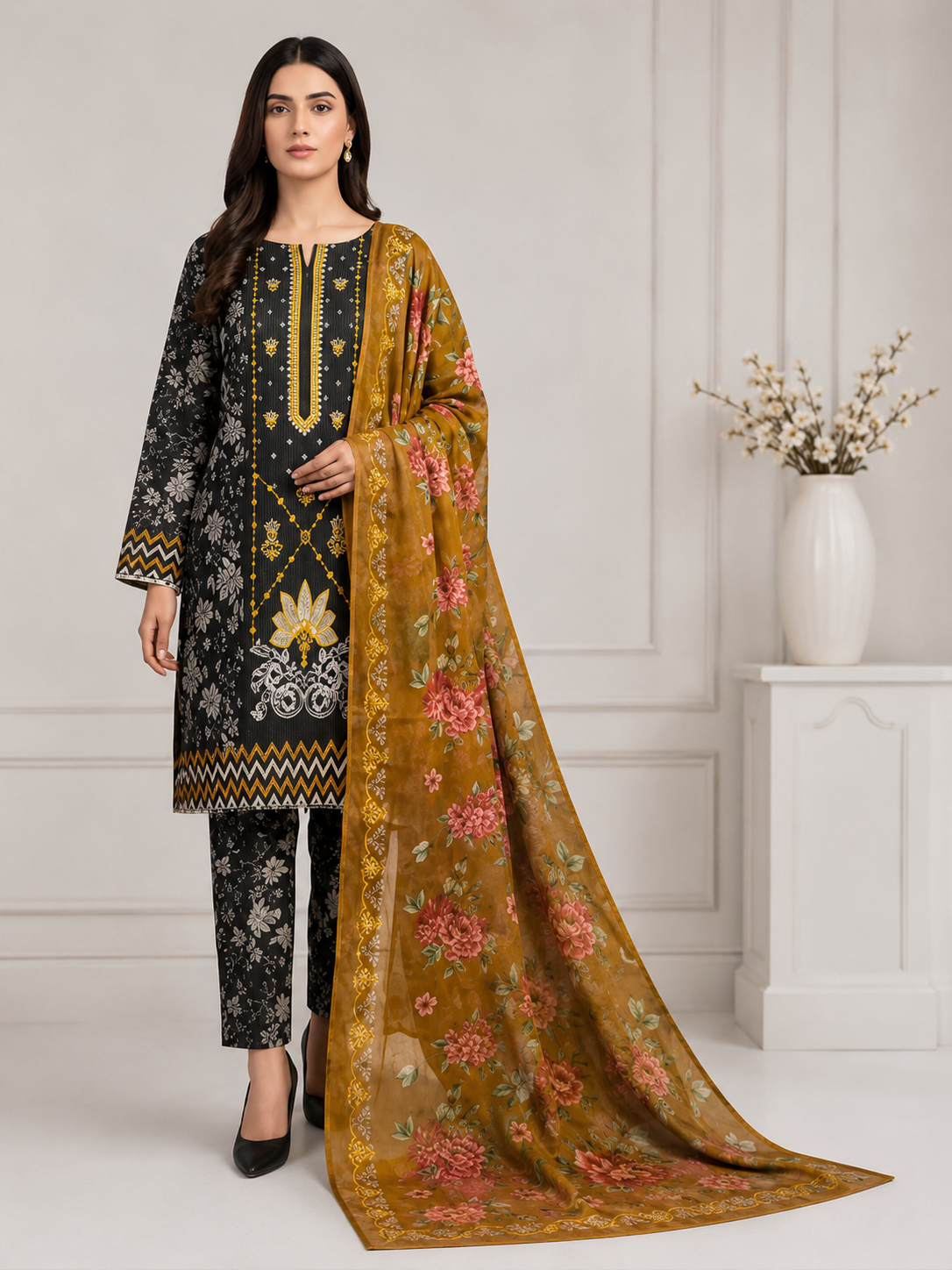 AYAAN COUTURE – Black & Mustard Floral Embroidered 3-Piece Suit