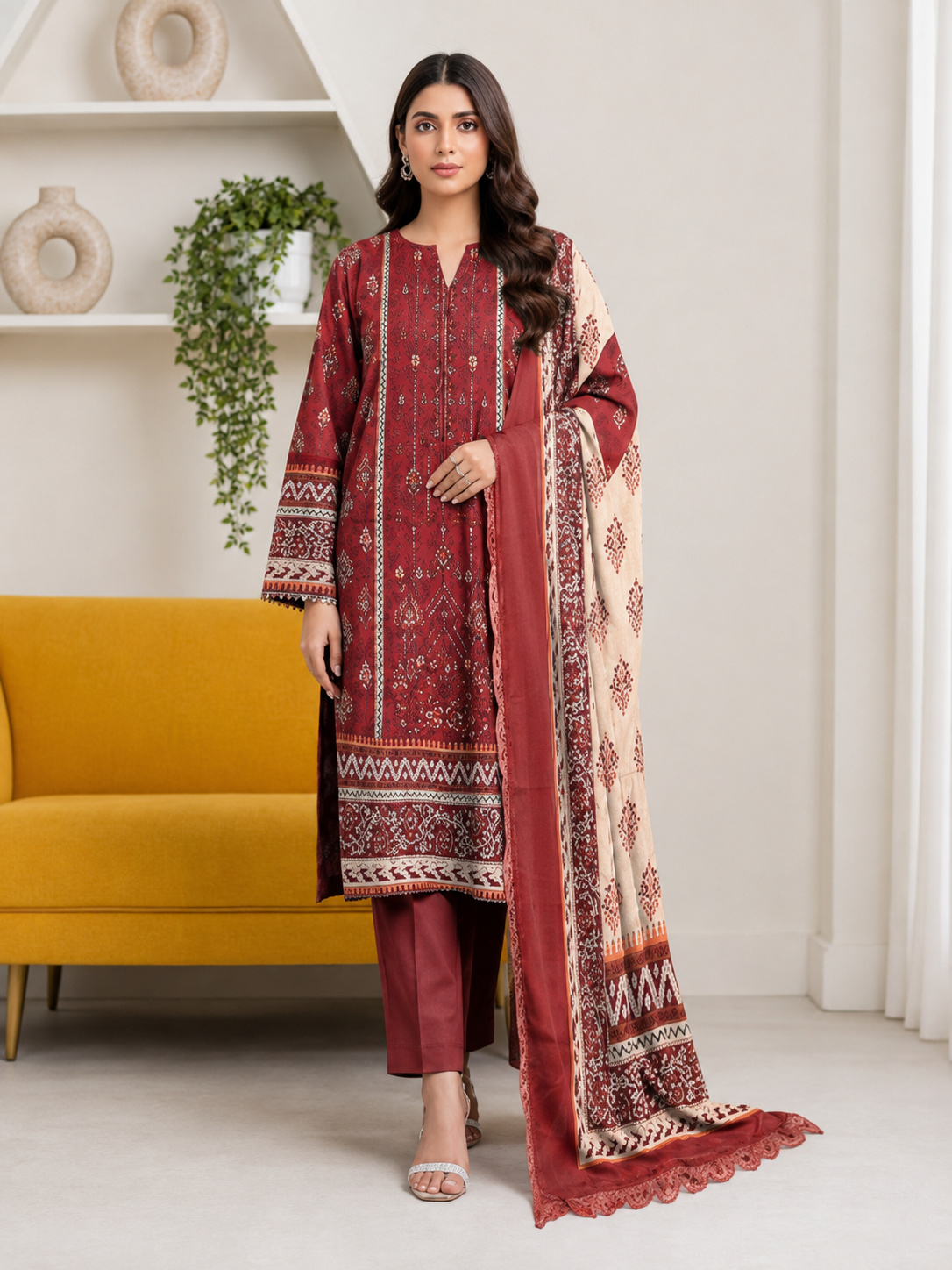AYAAN COUTURE – Maroon & Ivory Printed 3-Piece Suit