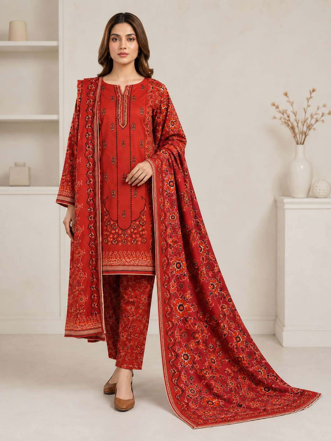 AYAAN COUTURE – Scarlet Red Floral Printed 3-Piece Suit