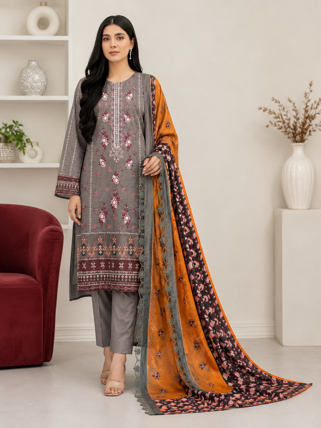 AYAAN COUTURE – Grey & Rust Floral Embroidered 3-Piece Suit
